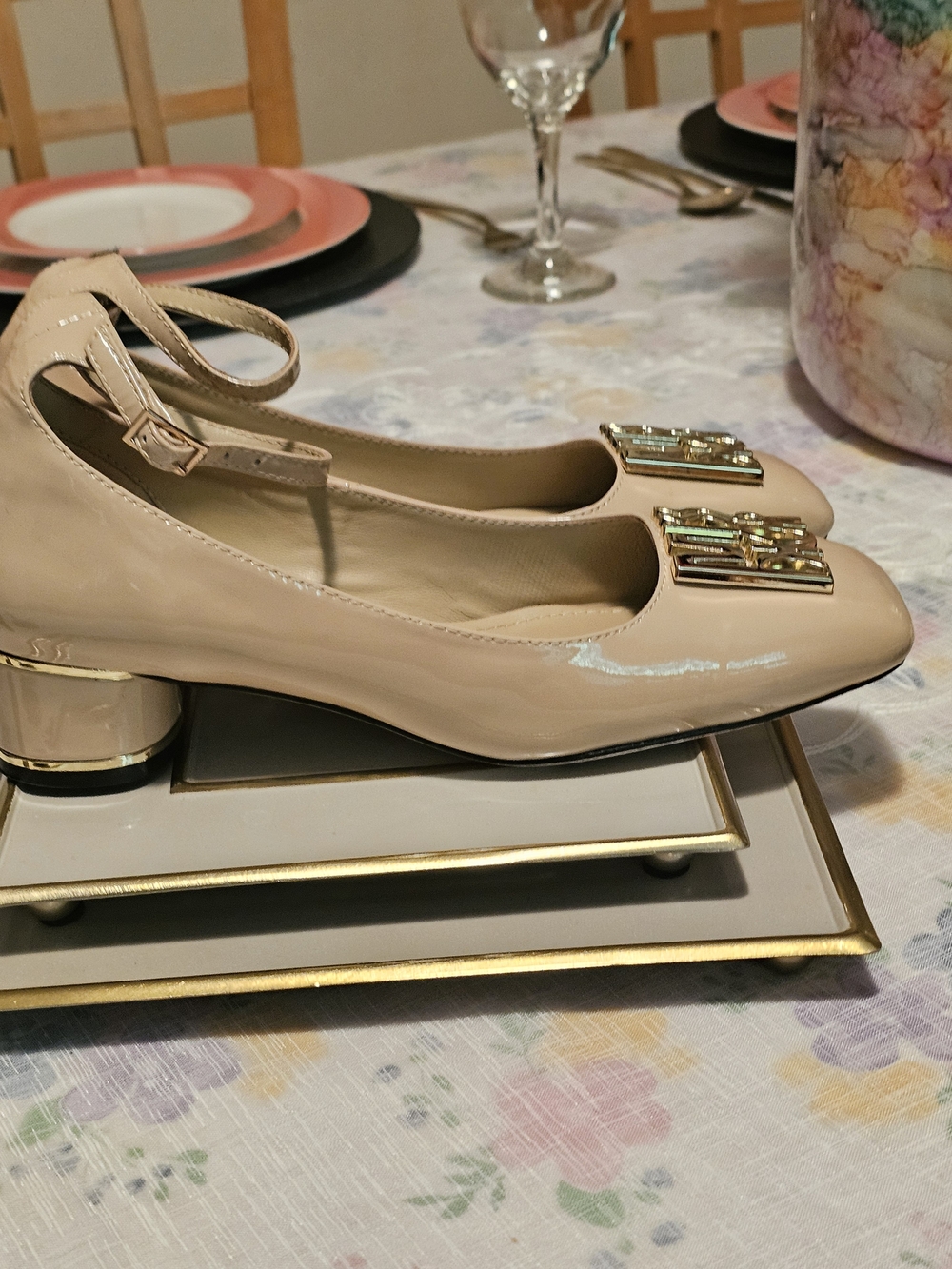Dior Patent Leather Mary Jane Flats In Tan Color  with Gold Trim - Picture 4 of 4